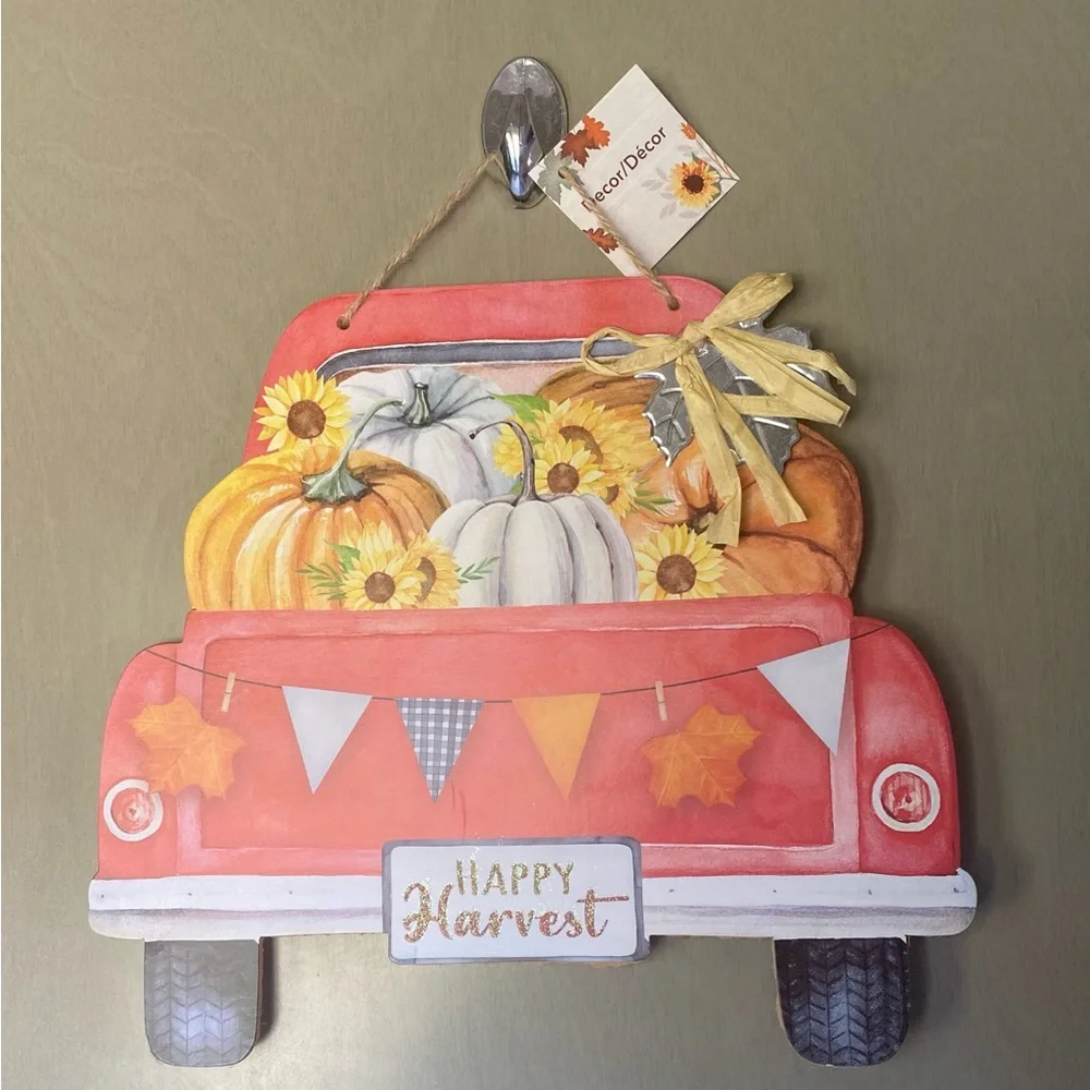 NWT Happy Harvest Classic Red Truck with Pumpkins in the Bed Hanging Sign